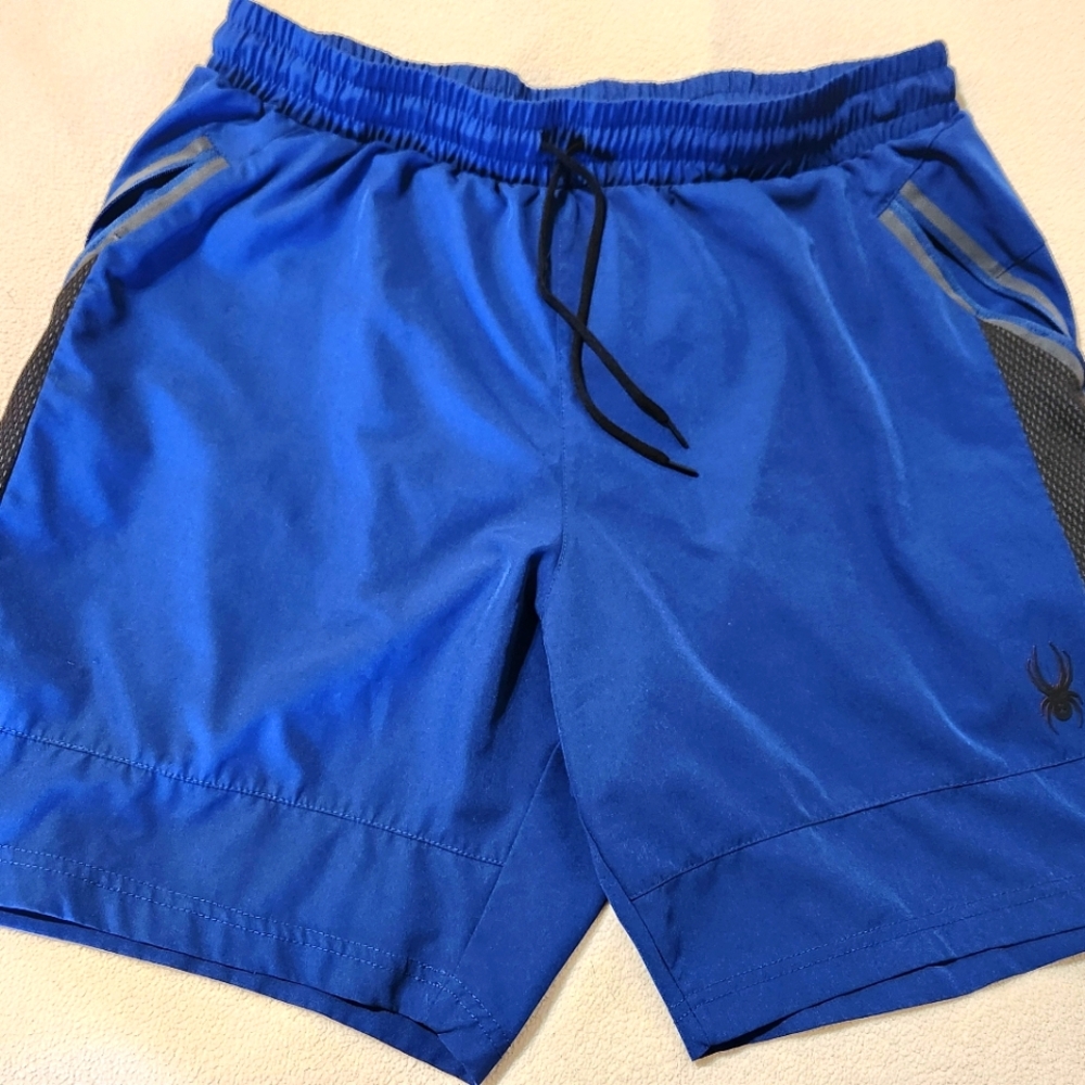 Spyder Mens Blue L Active Shorts. Zip Pockets, Stretch Fabric, Moisture Wicking